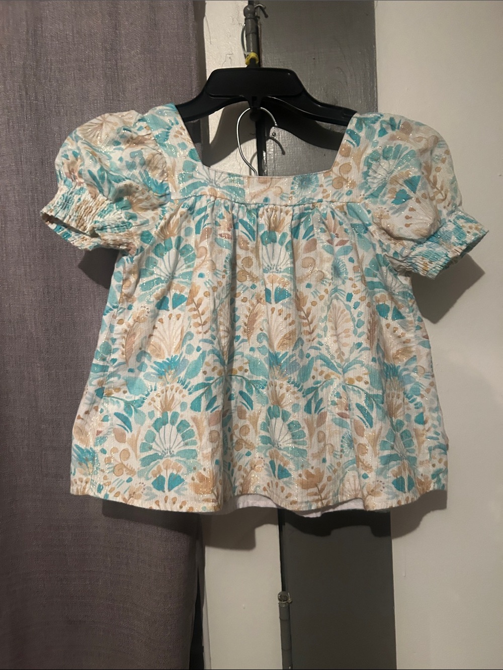 Girls' Puff Sleeve Floral Top in Aqua and Tan